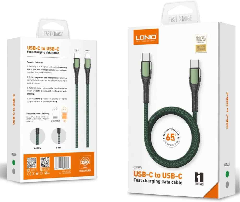 کابل USB-C الدینیو مدل LC101 | شارژ سریع ۶۵ وات و انتقال داده با کیفیت