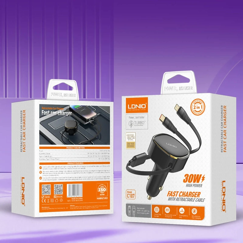 شارژر فندکی الدینیو مدل C107 – توان ۳۰ وات با کابل جمع‌شونده و پشتیبانی از Type‑C و Lightning