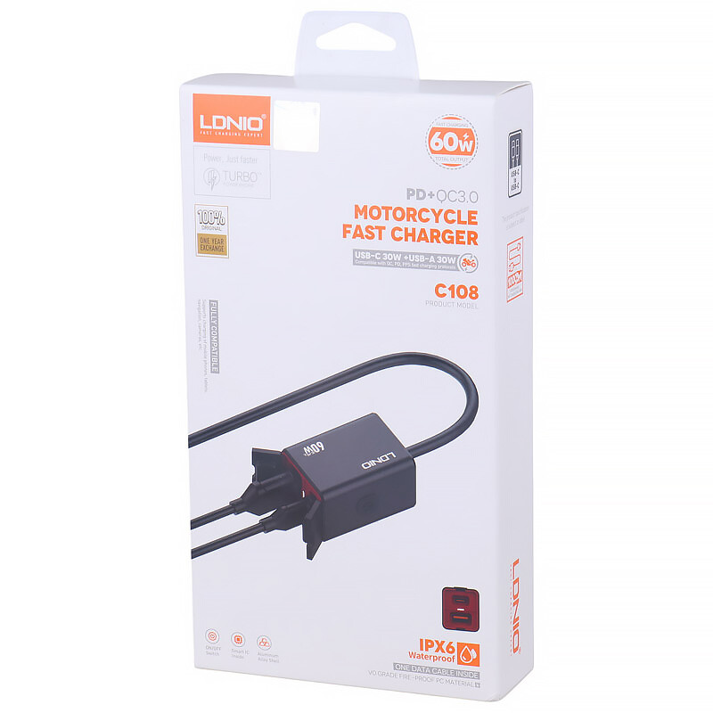 شارژر فندکی الدینیو مدل C108 توان 60 وات مخصوص موتورسیکلت و خودرو
