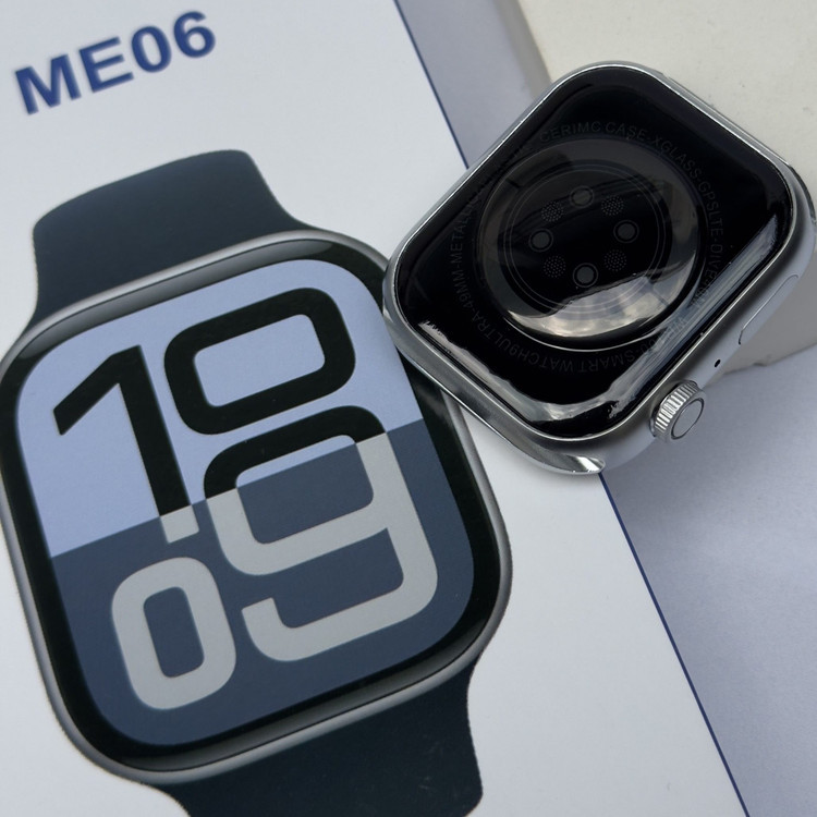 جعبه بازشده ساعت هوشمند Mefit Plus ME06 طرح اپل واچ سری ۱۰ شامل ساعت، شارژر مغناطیسی و سه بند رنگی (مشکی، بژ، صورتی) - کیفیت بالا و طراحی مدرن