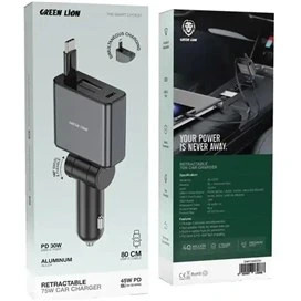 شارژر فندکی ۷۵ وات گرین لاین با کابل جمعشونده مدل Green Lion GNRT75WCCGY