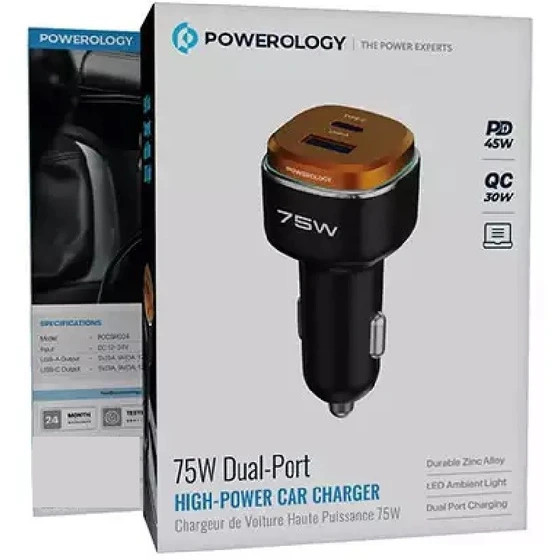 شارژر فندکی 75 وات 2 پورت USB-C پاورولوژی مدل PCCSR024BKOG