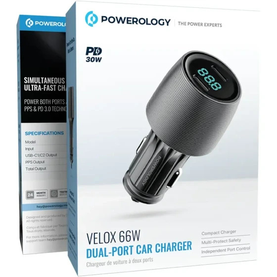 شارژر فندکی 66 وات 2 پورت USB-A + USB-C پاورولوژی مدل PCCSR021BK