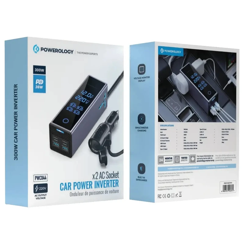 مبدل برق خودرو ۳۰۰ وات پاورولوژی Powerology مدل PWCUQC044