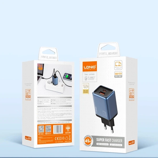 شارژر دیواری ۴۵ وات الدینیو LDNIO مدل Q12 به همراه کابل