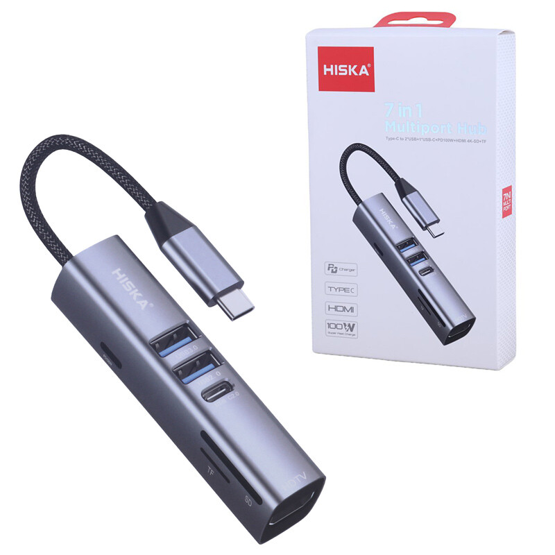 هاب ۷ پورت USB-C هیسکا مدل HR-53 - دارای خروجی HDMI و رم‌ریدر
