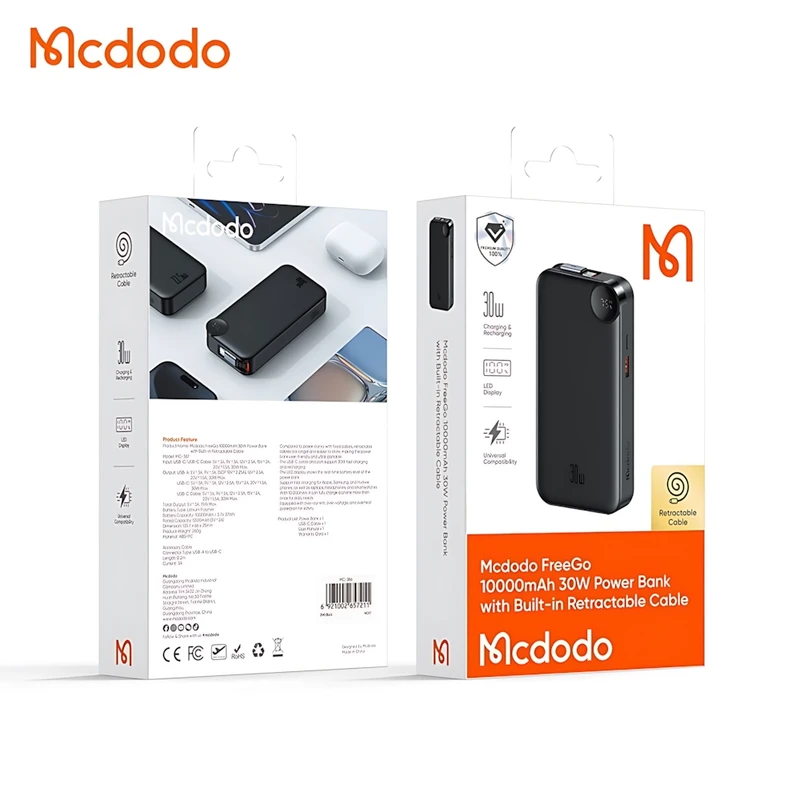 پاوربانک ۳۰ وات مک‌دودو مدل MC-3870 ظرفیت ۱۰۰۰۰ میلی‌آمپر ساعت - سوپر فست شارژ