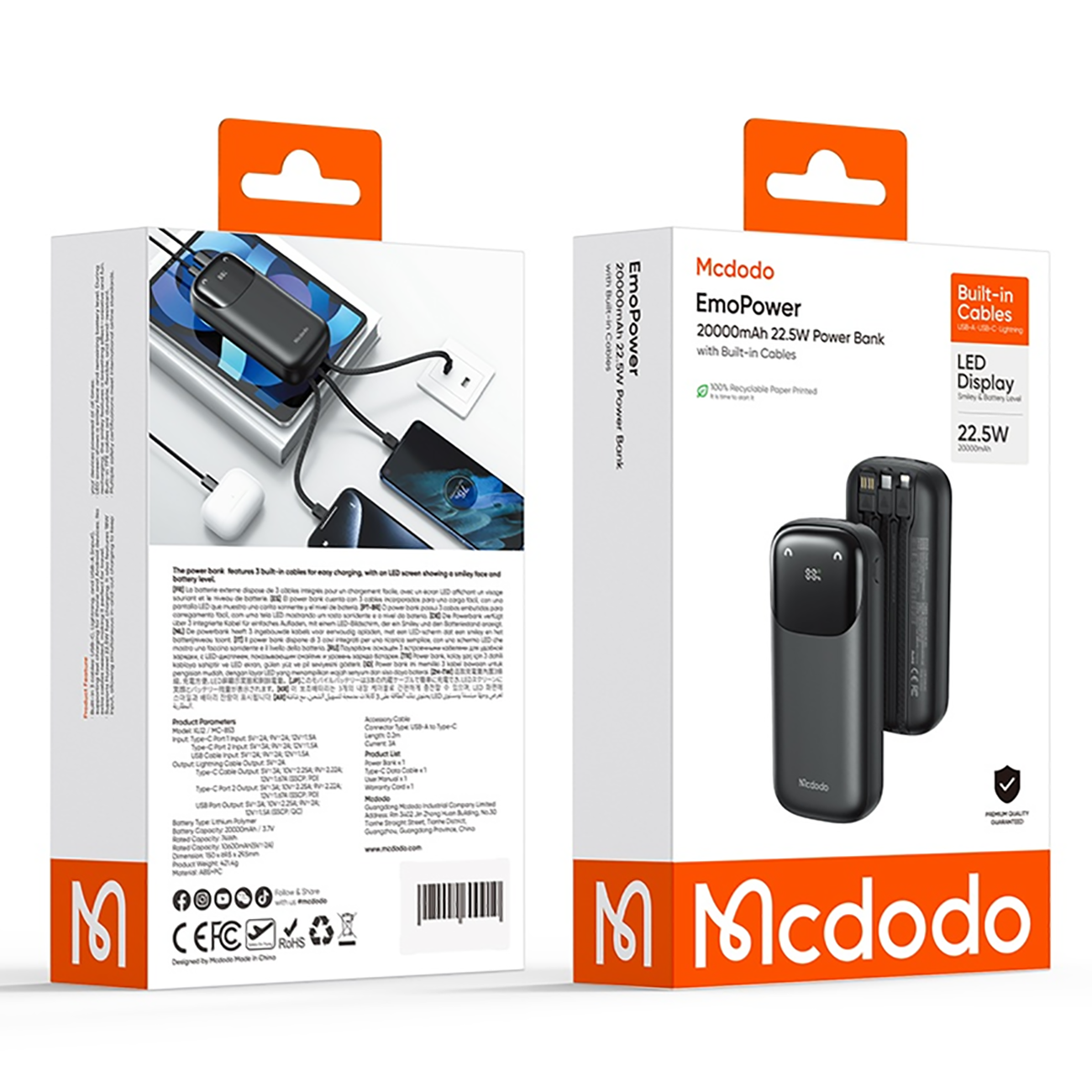 پاوربانک 22.5 وات مک‌دودو مدل MC-8530 ظرفیت 20000mAh با کابل متصل