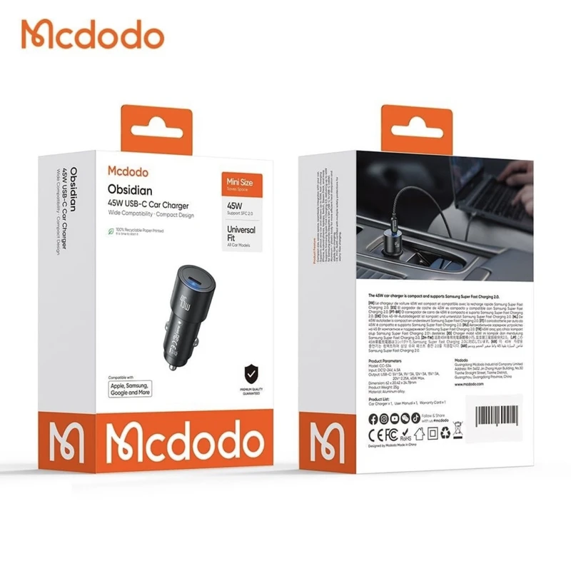 شارژر فندکی ۴۵ وات مک دودو (Mcdodo) مدل CC-5340 مینی فست شارژ