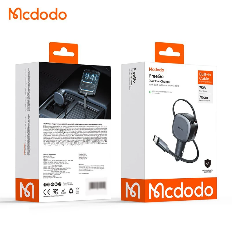 شارژر فندکی 75 وات با کابل جمع‌شونده مک‌دودو مدل CC-1560
