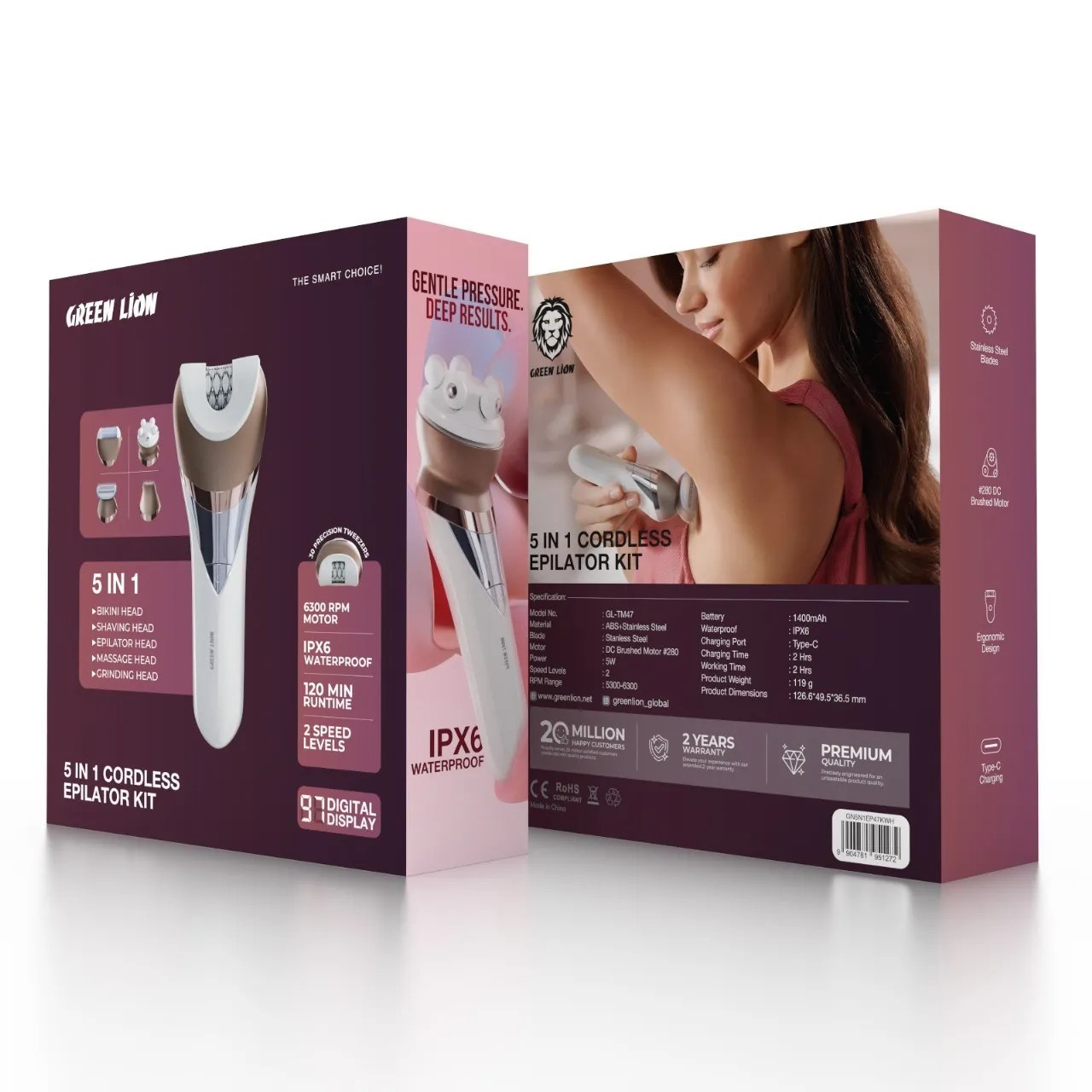 کیت اپیلاتور بی‌سیم ۵ کاره گرین لاین مدل GN5N1EP47KWH (ست کامل اصلاح بدن و صورت)