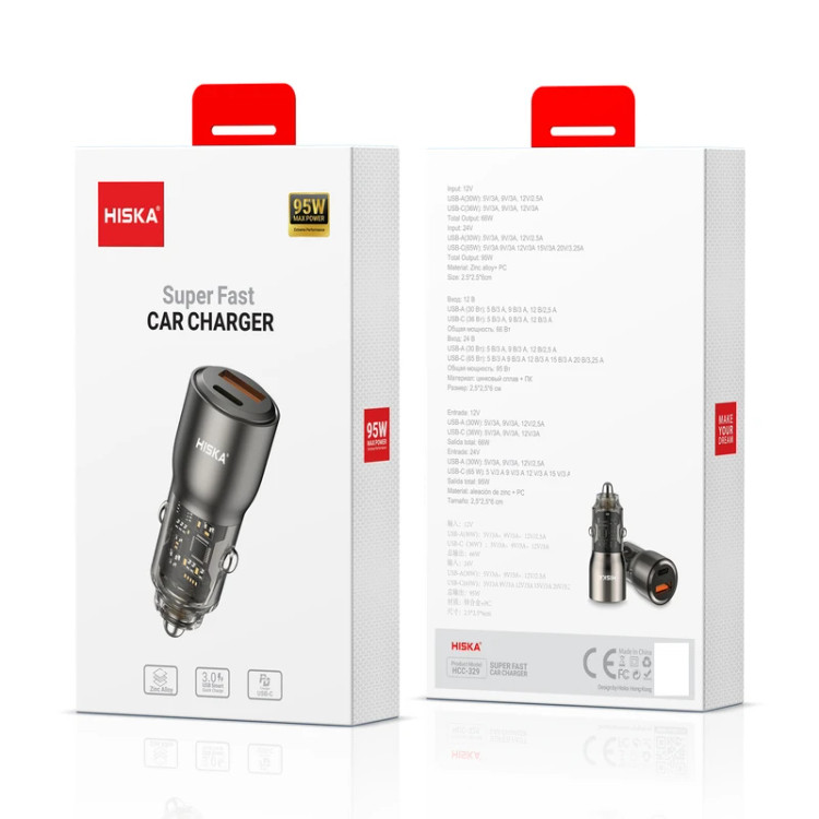 شارژر فندکی هیسکا مدل HCC-329 | فست شارژ ۹۵ وات حرفهای برای خودرو