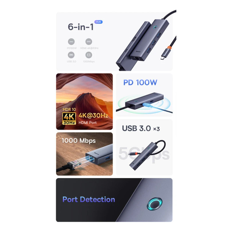 هاب USB-C باسئوس مدل BS-OH151 شش پورت