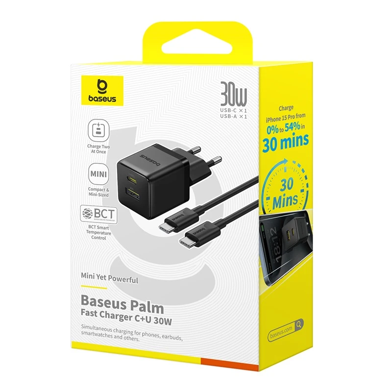 شارژر دیواری باسئوس مدل Palm توان ۳۰ وات به همراه کابل Type-C