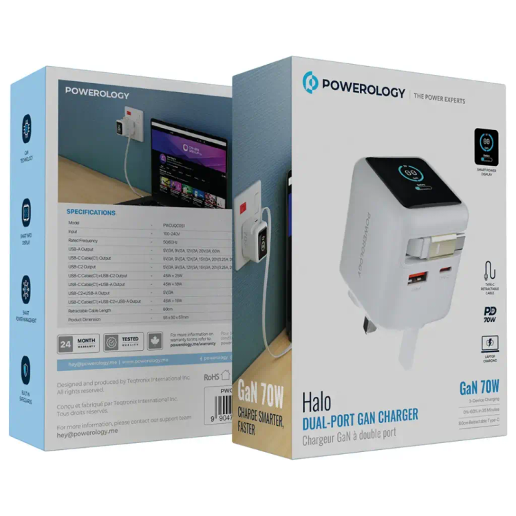 آداپتور شارژر دیواری 70 وات پاورولوژی مدل Halo GaN به همراه کابل Type-C جمعشونده