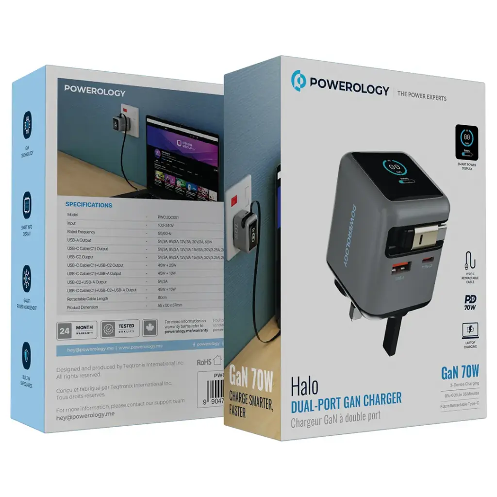 آداپتور شارژر دیواری 70 وات پاورولوژی مدل Halo GaN به همراه کابل Type-C جمع‌شونده