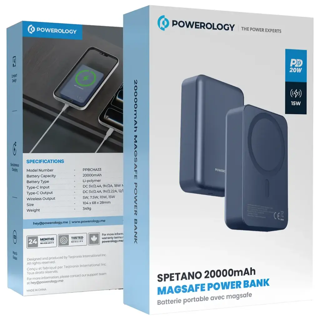 پاوربانک ۲۰۰۰۰ میلی‌آمپرساعت مگ‌سیف پاورولوژی مدل SPETANO