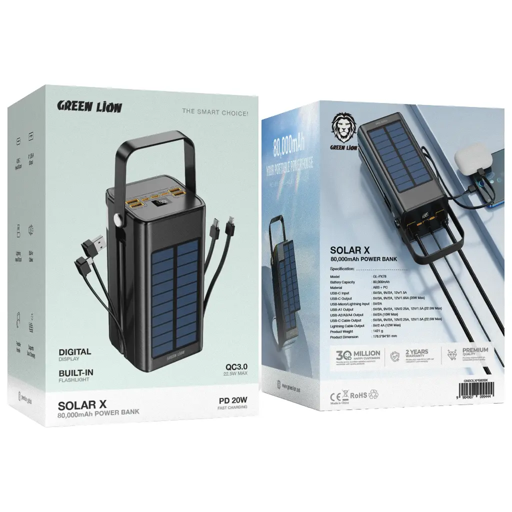 پاوربانک 100000 میلی‌آمپر گرین لاین مدل SOLAR X با شارژ خورشیدی و فست شارژ