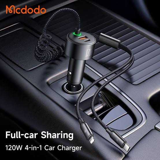 شارژر فندکی مک دودو 120 وات 4IN1 مدل CC-0370 با کابلهای Type-C و Lightning