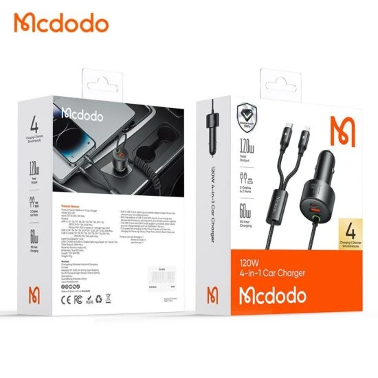 شارژر فندکی مک دودو 120 وات 4IN1 مدل CC-0370 با کابل‌های Type-C و Lightning