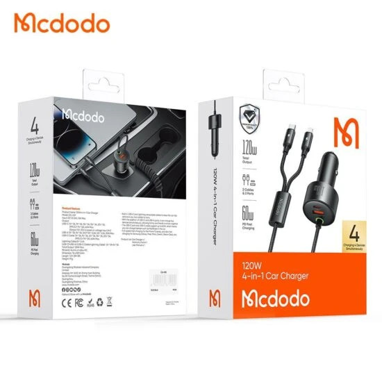 شارژر فندکی مک دودو 120 وات 4IN1 مدل CC-0370 با کابلهای Type-C و Lightning