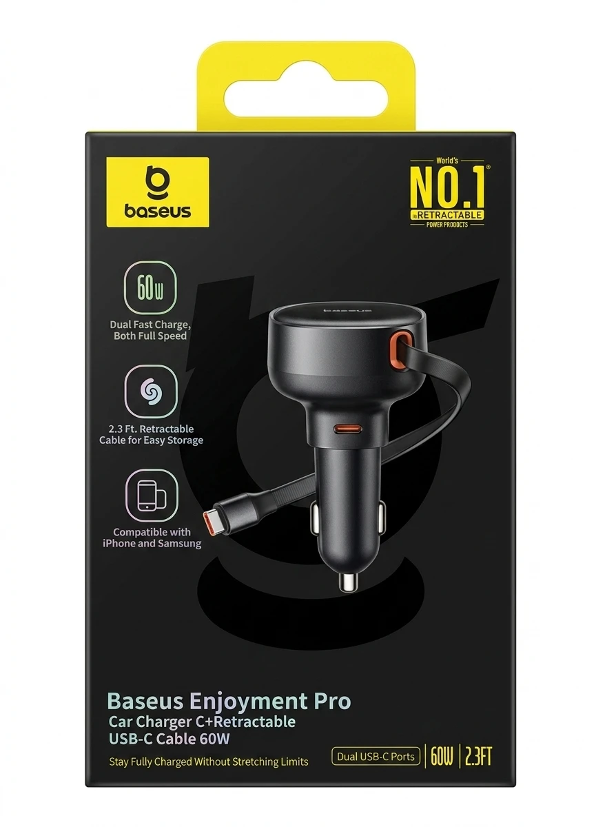 شارژر فندکی ۶۰ وات بیسوس مدل Enjoyment Pro (همراه با کابل جمع‌شونده Type-C و Lightning)