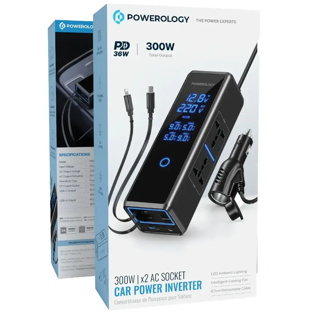 پاور اینورتر خودرو پاورولوژی مدل PWCUQC044 توان 300 وات با 2 پریز AC