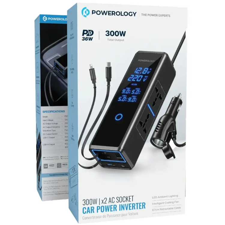 پاور اینورتر خودرو پاورولوژی مدل PWCUQC044 توان 300 وات با 2 پریز AC