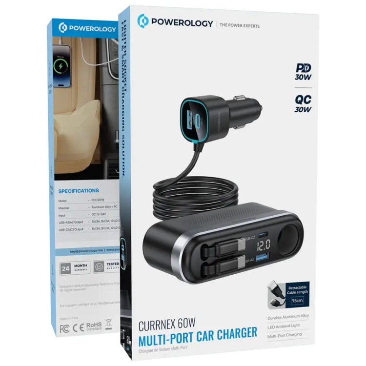شارژر فندکی و پاور سوکت خودرو پاورولوژی Currnex توان 60 وات