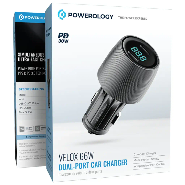 شارژر فندکی پاورولوژی VELOX 66W دو پورت
