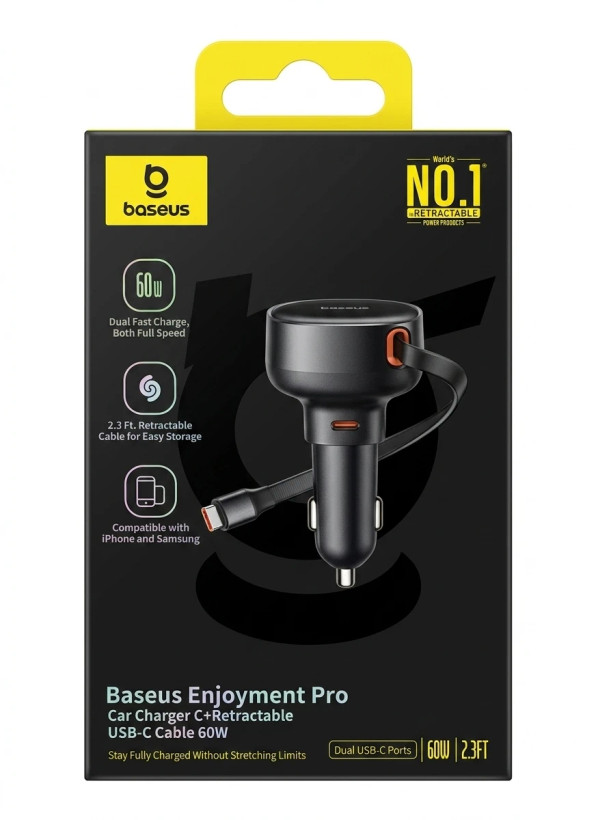 شارژر فندکی ۶۰ وات باسئوس مدل Enjoyment Pro دارای کابل جمعشونده (تایپ سی)