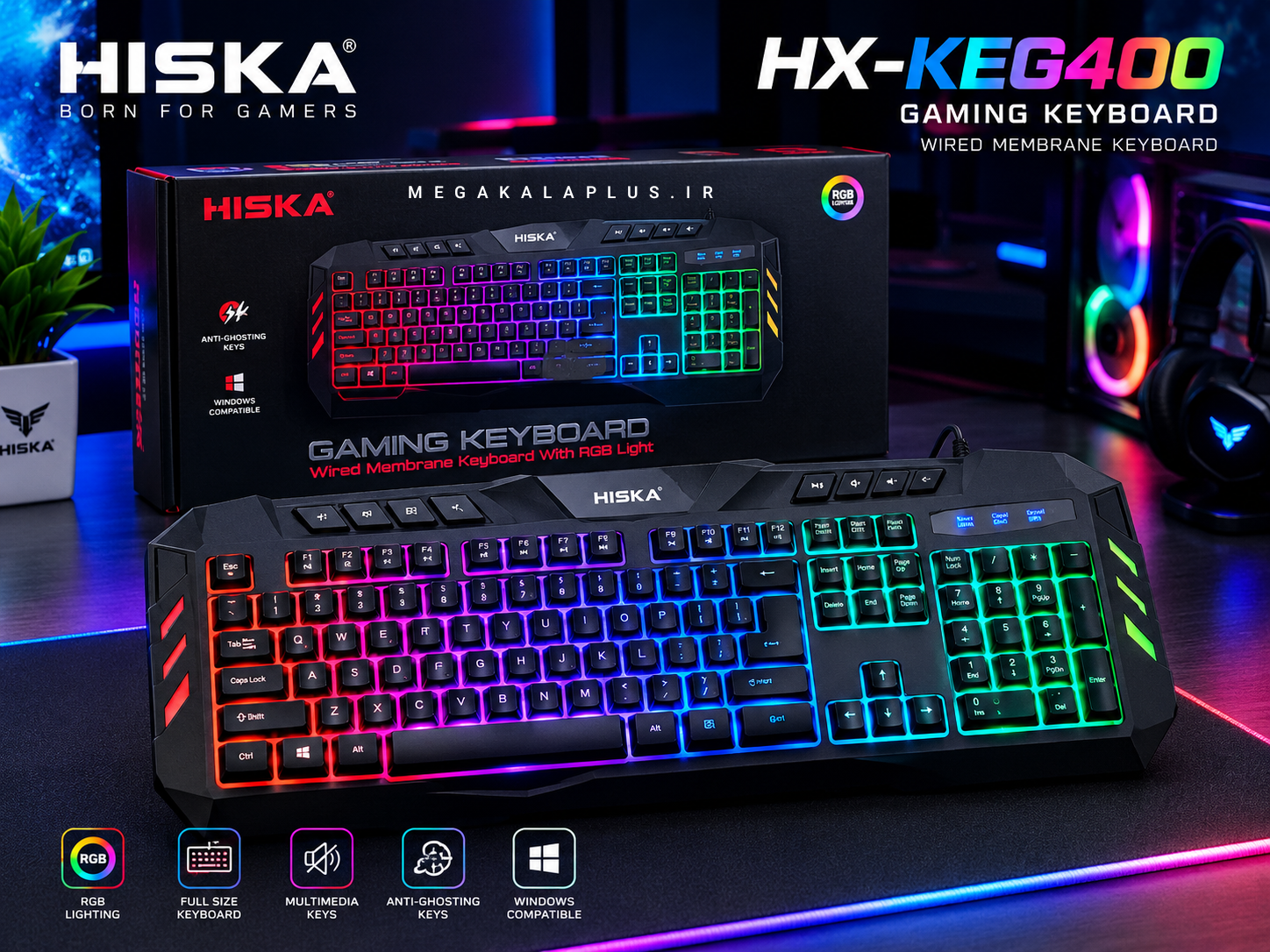 کیبورد گیمینگ هیسکا مدل HX-KEG400 | صفحه کلید مخصوص بازی Hiska RGB