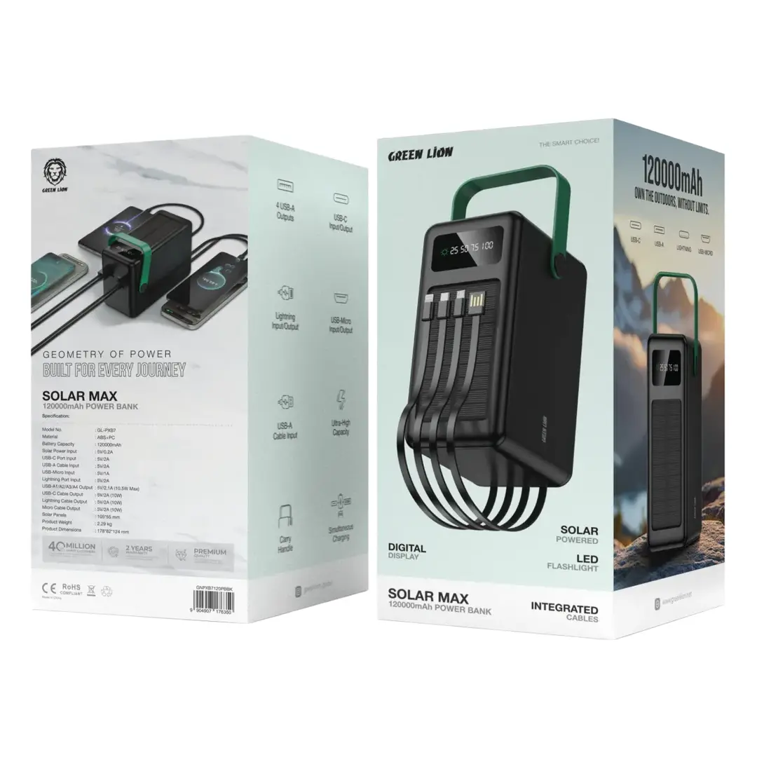 پاوربانک خورشیدی گرین لاین Solar Max ظرفیت 120000 میلی‌آمپر GNPXB7120PBBK