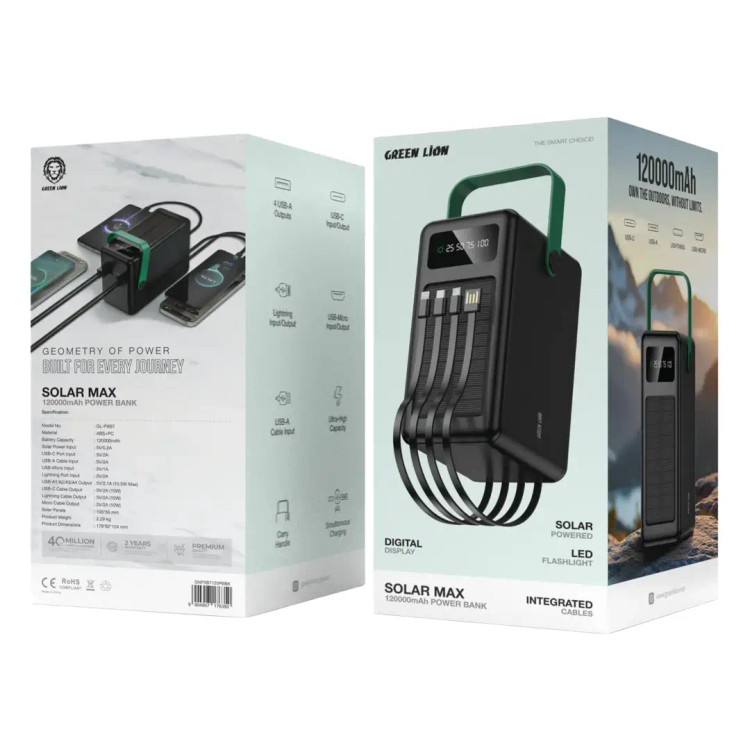 پاوربانک خورشیدی گرین لاین Solar Max ظرفیت 120000 میلیآمپر GNPXB7120PBBK