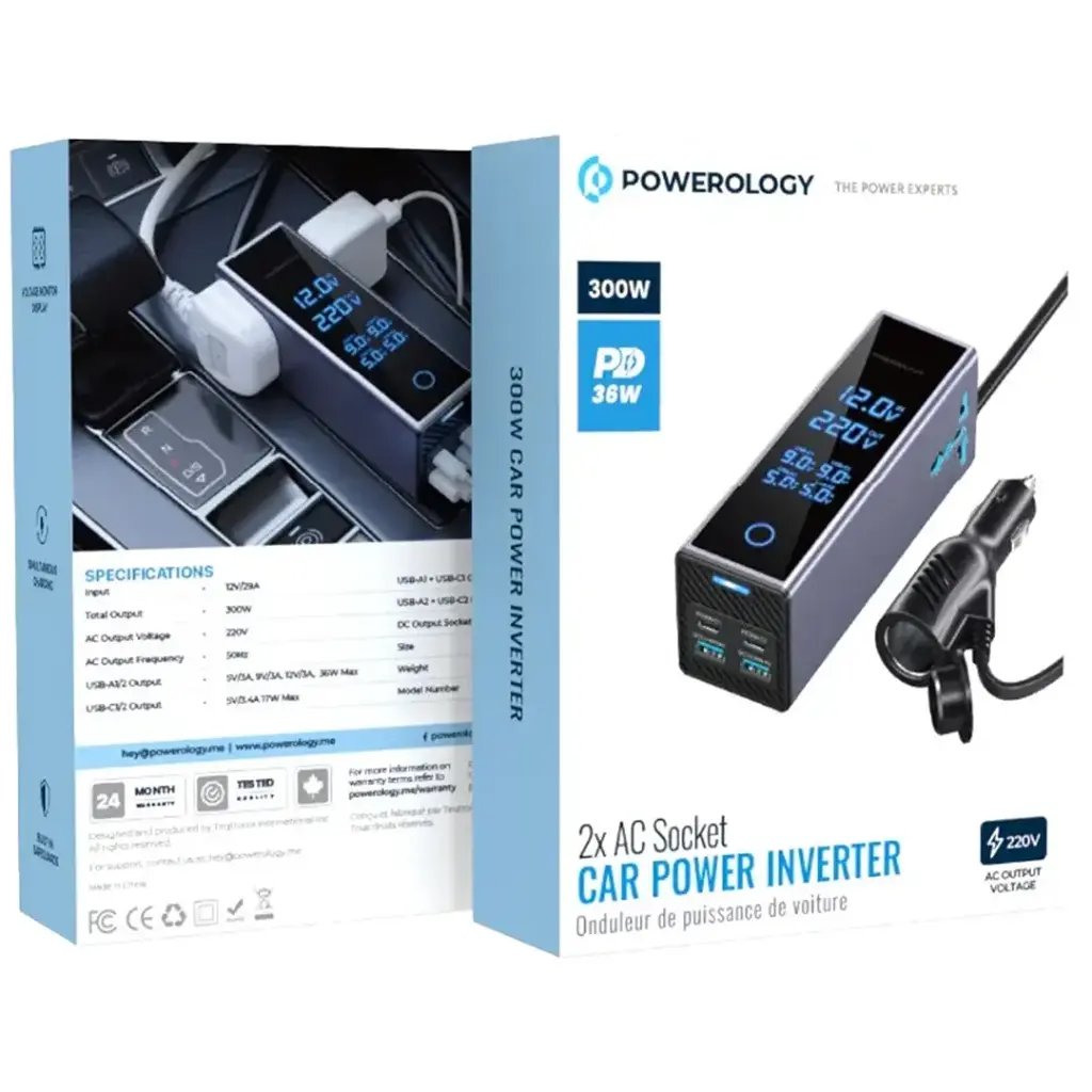 پاور اینورتر خودرو پاورولوژی مدل PWCUQC044 توان 300 وات با 2 پریز AC